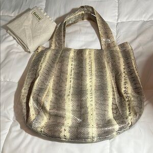 Beirn Snakeskin  Print Leather Tote Bag - Gray and Cream